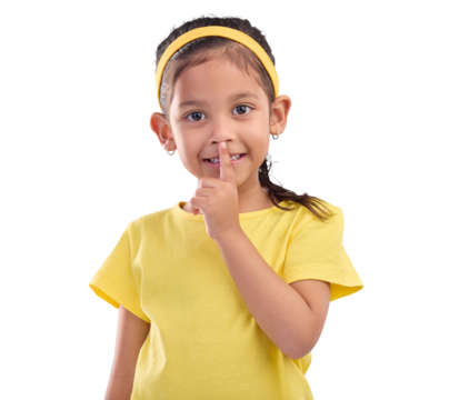 Girl, kid and secret, finger to lips and portrait, drama and gossip isolated on png transparent background. Young female child, whisper and silent gesture with emoji, communication and body language