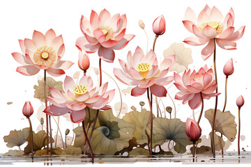 Fototapeta na wymiar a collection of a variety size of lotus flowers on a white background isolated PNG