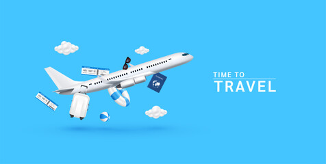 Air ticket, passport float away from with airplane is taking off and cloud, rubber ring volleyball on a blue background. For media tourism ads design. Holiday travel summer. 3D Vector EPS10.