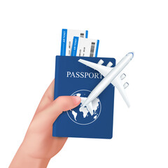 Tourist hand holding blue passport with ticket and airplane. 3D isolated on white background. For media tourism ads design. Holiday travel. 3D Vector.