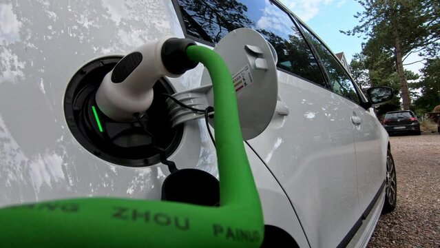 EV charging station for electric car in concept of green energy and eco power produced from sustainable source to supply to charger station in order to reduce CO2 emission .