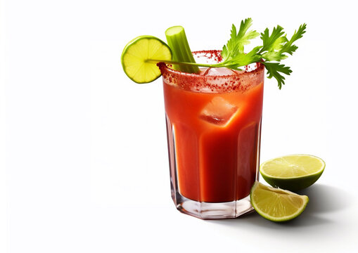 Bloody mary cocktail with celery and lime on white background.AI Generative.