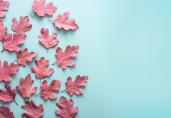 Pink oak leaves on a pastel teal background. Minimal autumn pattern flat lay. AI generated background