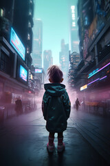 Little girl lost in the futuristic city