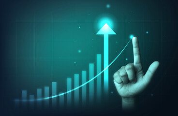 hand pointing at highest point of  business investment graph.