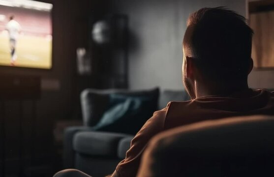 A man enjoying leisure time in the comfort of his living room, engrossed in a captivating TV show. Generative ai