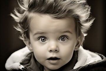 Portrait of surprised cute baby boy - sepia tone, close-up. - obrazy, fototapety, plakaty