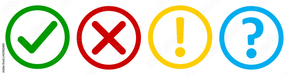 Fototapete set of flat round check mark, x mark exclamation point and question mark. checkmark, exclamation, x 