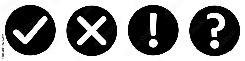 Poster vector set of flat round check mark, x mark exclamation point and question mark icon. checkmark, exc