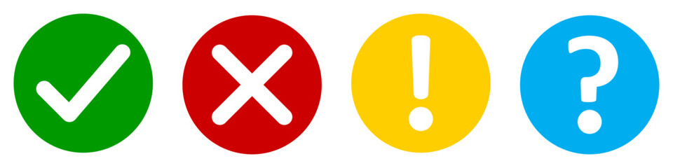 Vector set of flat round check mark, X mark exclamation point and question mark. Checkmark, exclamation round, X mark and question mark icon. Vector illustrations in color green, yellow, red and blue.