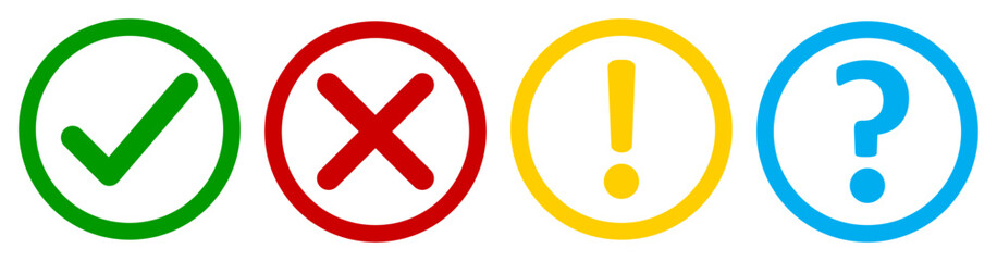 Obraz premium Set of flat round check mark, X mark exclamation point and question mark. Checkmark, exclamation, X mark and question mark icon. Vector illustrations in outline color green, yellow, red and blue.