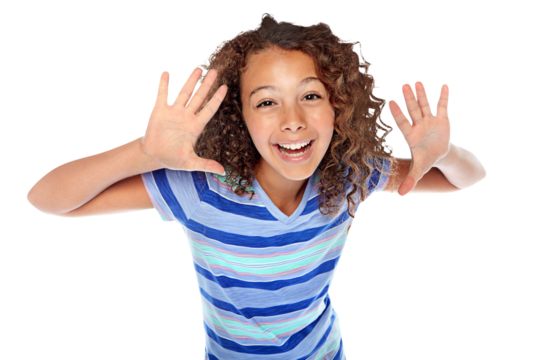 Smile, youth and portrait of child with hand gesture for fashion, announcement or trendy clothes. Happy, excited and girl screaming for aesthetic style and isolated on a transparent png background