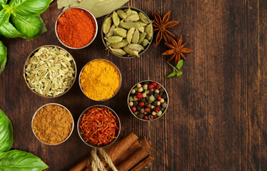 various spices set pepper turmeric paprika saffron