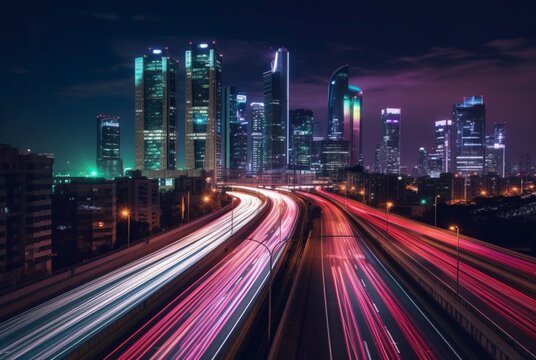 A long exposure shot of the city skyline or other cityscape at night, capturing light trails from moving vehicles or other light sources. generative ai