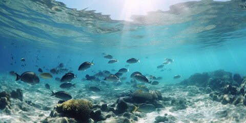 flock of fishes in the tropical sea