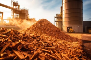 A pile of wood chips, a by-product of woodworking operations. A valuable resource for reducing waste and supporting clean energy solutions such as burning biomass to produce heat and electricity
