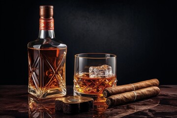 Whiskey on ice with bottle an cigar - obrazy, fototapety, plakaty