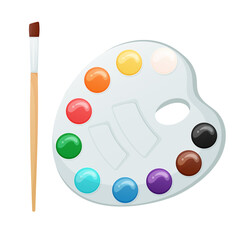 Round watercolor paints palette with brush isolated on white	