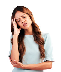 Tired, stress or sick woman with headache, anxiety or burnout isolated on transparent png background. Exhausted, sad person or face of model frustrated with head pain or depression or migraine crisis - obrazy, fototapety, plakaty