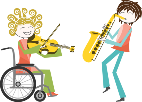 Illustration of a woman in a wheelchair playing a violin duet with a man standing with a saxophone, smiling, on a transparent background in PNG format