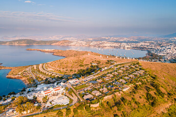 Aerial view of luxurious hotel at coast of Mediterranean Sea in Bodrum, Turkey