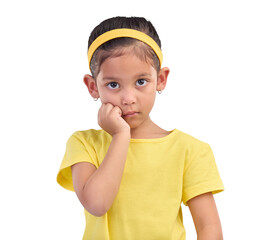 Problem, portrait and young child bored, upset or depressed over mental health crisis, shy anxiety or lonely. ADHD, kindergarten student and face of kid girl isolated on transparent, png background