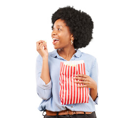 Thinking, eating and popcorn with black woman in movie, streaming service and cinema. Food, vision...