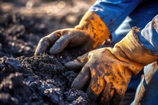 A man's gloved hands are picking up biochar to add to the soil in his garden. Biochar increases soil carbon to improve agricultural productivity and soil fertility