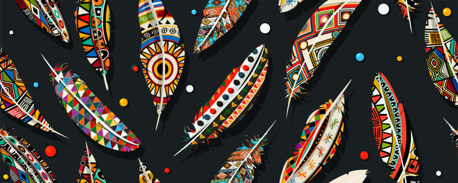 Beads and feathers horizontal seamless pattern.  Fashionable template for clothes, t-shirt design. Tribal style, native american art