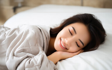 Obraz na płótnie Canvas A Asian woman peacefully sleeping in bed