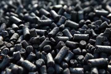 Black granules biochar pellets. Organic biochar derived made from woody material through pyrolysis. Biochar increases the carbon content of the soil, providing optimal conditions for plant growth