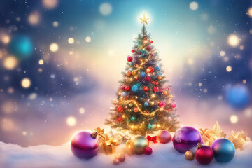 Christmas background with shiny balls, Christmas tree and blurred lights.