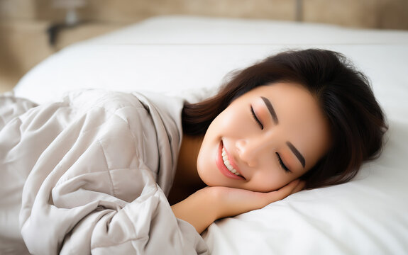 A Asian woman peacefully sleeping in bed