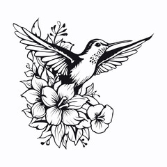Humming bird with flower, isolated on white background, vector illustration.