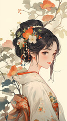 Fototapeta premium Hand drawn cartoon beautiful illustration of Chinese girl in flowers 
