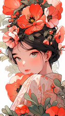 Hand drawn cartoon beautiful illustration of Chinese girl in flowers
