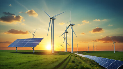 近代的な風力タービンとソーラーパネルの夕焼け　コンセプトエコグリーン再生可能エネルギー