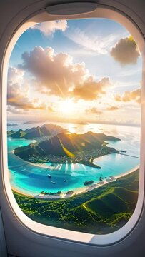 Aerial view from the window of the plane. Flying over tropical paradise islands. Vertical traveling, flight agency video ad backgrounds. Rest vacations, travel destinations advert. Sky clouds ocean.