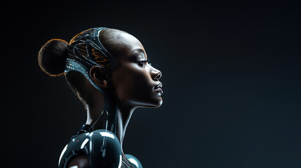 Android black woman with artificial intelligence. Half robot, half human. With copy space.