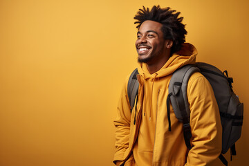 Young black male college student or hiker, wearing a yellow sweatshirt and jacket with a backpack on his back on a plain yellow backdrop.