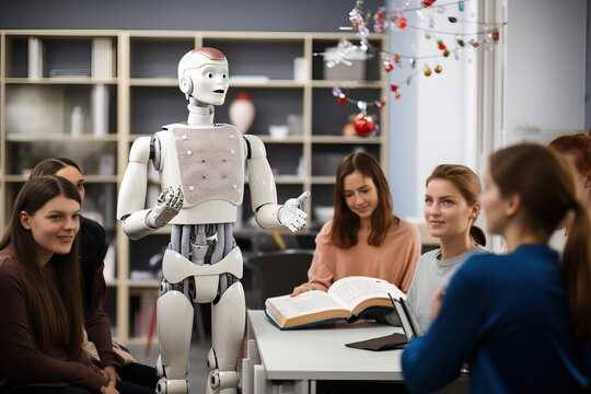 Young women engaged in a robotics workshop, learning and interacting with a robot