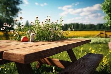 Fototapeta premium Empty wooden table with picnic in garden background. Generative AI