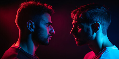 two men look at each other aggressively and in love eyes in red purple light, fictional person made with generative ai