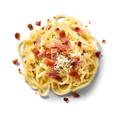 Classic homemade carbonara pasta with pancetta, egg, hard parmesan cheese and cream sauce. Italian cuisine. Spaghetti alla carbonara