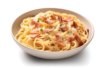 Classic homemade carbonara pasta with pancetta, egg, hard parmesan cheese and cream sauce. Italian cuisine. Spaghetti alla carbonara