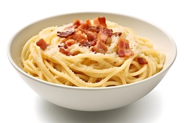 Classic homemade carbonara pasta with pancetta, egg, hard parmesan cheese and cream sauce. Italian cuisine. Spaghetti alla carbonara