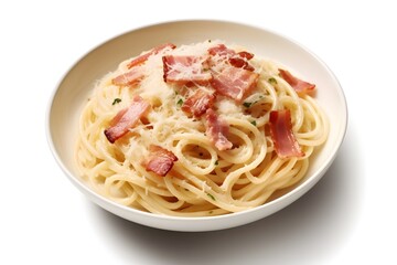 Classic homemade carbonara pasta with pancetta, egg, hard parmesan cheese and cream sauce. Italian cuisine. Spaghetti alla carbonara