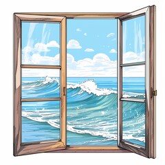 Ocean wave background and beautiful seascape with sun and clouds. Vector illustration in cartoon style