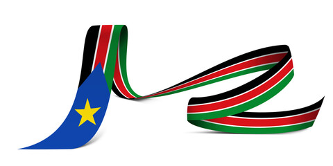 3D illustration. Flag of South Sudan on a fabric ribbon background.
