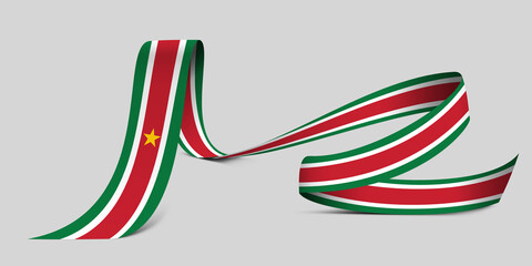 3D illustration. Flag of Suriname on a fabric ribbon background.
